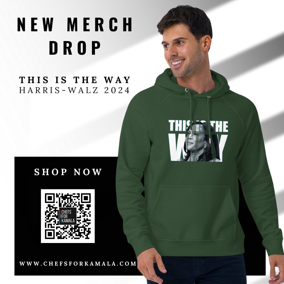 Our new "This is the Way!" T-shirts &amp; Sweatshirts are here. Show your support for Kamala Harris with this bold statement. Limited stock—get yours now. Visit ChefsForKamala.com or scan the QR code to shop. #ChefsForKamala #ThisIsTheWay #NewMerch #PurposefulStyle #Merch #Drop