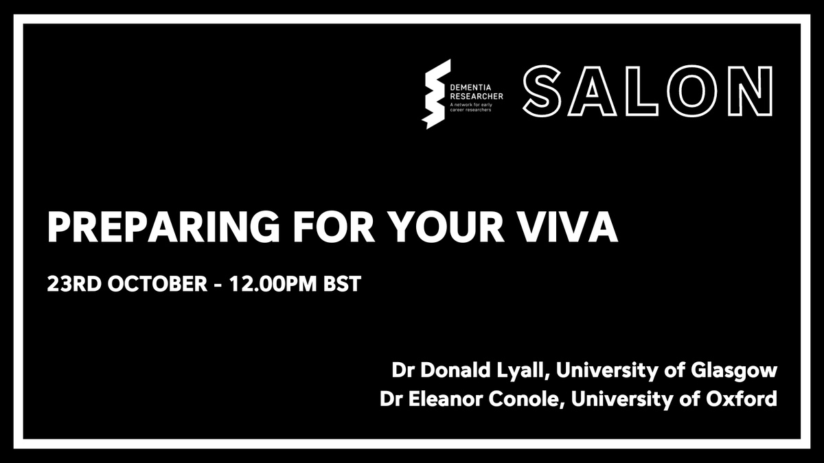 Adam Smith (@betterresearch) on Twitter photo The next <a href="/demrescommunity/">Dementia Researcher</a> Salon Webinar is all about "Preparing for your Viva" 📅 Wednesday 23rd 12noon.
Last year, @don_sci served as an assessor for <a href="/EleanorConole/">Eleanor Conole</a>'s viva & this webinar reunites them as speakers to share their advice.
…unities.dementiaresearcher.nihr.ac.uk/c/events/prepa… The next <a href="/demrescommunity/">Dementia Researcher</a> Salon Webinar is all about "Preparing for your Viva" 📅 Wednesday 23rd 12noon.
Last year, @don_sci served as an assessor for <a href="/EleanorConole/">Eleanor Conole</a>'s viva & this webinar reunites them as speakers to share their advice.
…unities.dementiaresearcher.nihr.ac.uk/c/events/prepa…