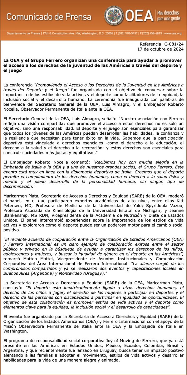 OEA_oficial's tweet image. La OEA y el Grupo Ferrero organizan una conferencia para ayudar a promover el acceso a los derechos de la juventud de las Américas a través del deporte y el juego oas.org/es/centro_noti…