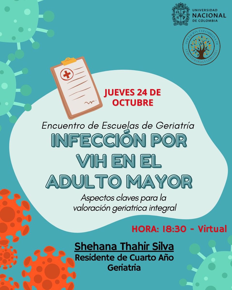 Bienvenidos a esta nueva sesión de encuentro de escuelas de Geriatría,  con la participación de la Universidad Nacional de Colombia con el tema:   “Infeccion por VIH en el adulto mayor. Aspectos claves para la valoración geriátrica integral”

us02web.zoom.us/webinar/regist…