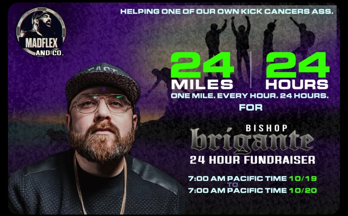 BishopBrigante's tweet photo. Bro. @madflexhiphop is running 24 miles for 24 hours to help raise money for my fight against cancer. Even if it doesn’t make a single dollar, that man truly touched my soul with that suggestion. That’s love man. Thank you Flex. ❤️ https://t.co/yq5SlTx7rN