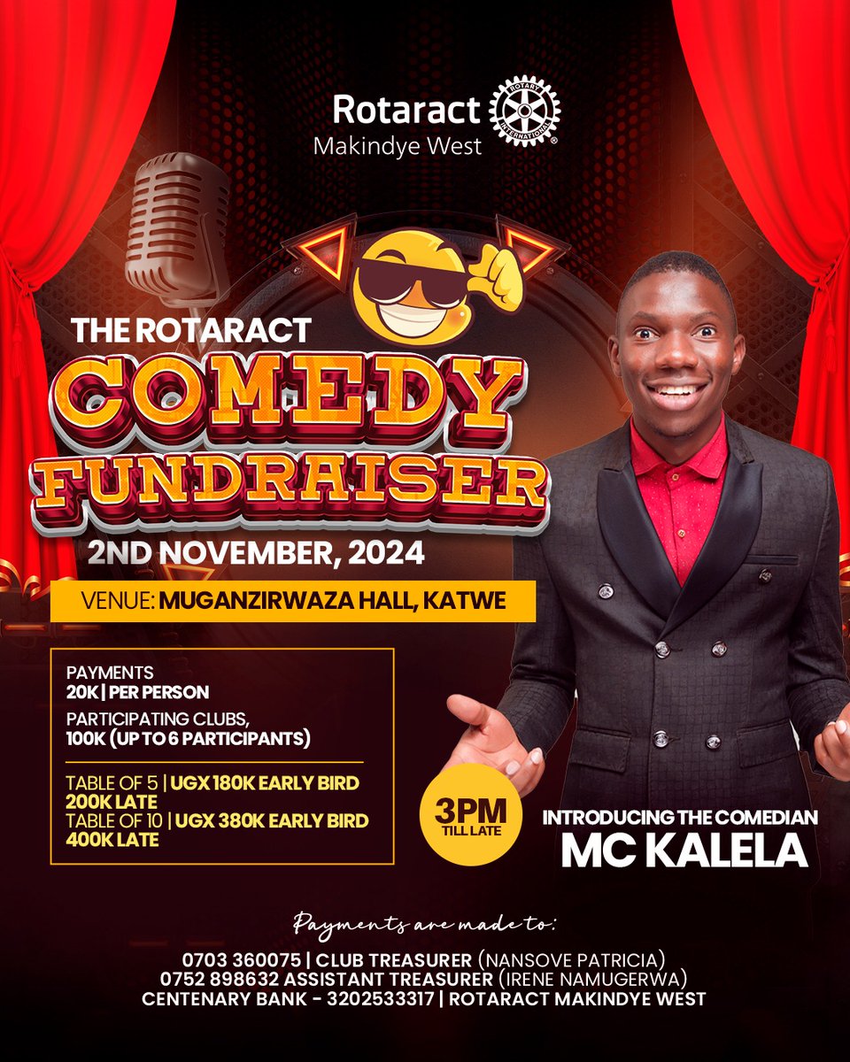 RCTmakindyeWest's tweet photo. 🎉 Meet Our First Comedian: Kalela MC! 🎉

We're excited to announce that the hilarious @kalelacomedian of @ComedyStoreUG  will be headlining our Comedy Fundraiser on 2nd November 2024! Known for his quick wit and unforgettable punchlines, MC Kalela is guaranteed to have you laughing all night long.

Stay tuned as we reveal more comedians who will join the lineup. Get your tickets and be part of a fun-filled evening, all for a great cause!*

#ComedyForACause #Fundraiser2024 
#KalelaMC 
#LaughsForGood
#HonchoSummit