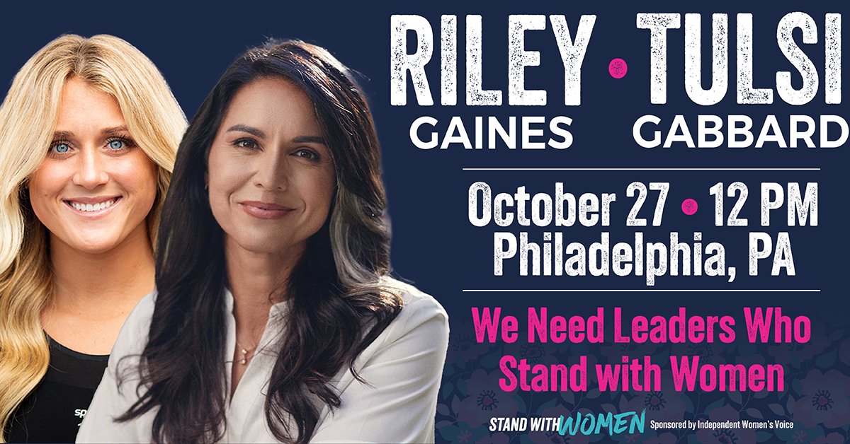Pennsylvania, do you stand with women? Join us for a FREE Stand With Women event in Philadelphia on 10/27 at 12PM featuring <a href="/Riley_Gaines_/">Riley Gaines</a>, <a href="/TulsiGabbard/">Tulsi Gabbard 🌺</a>, &amp; other special guests. We need leaders who will keep men out of women’s sports! Register here: iwv.org/standwithwomen…