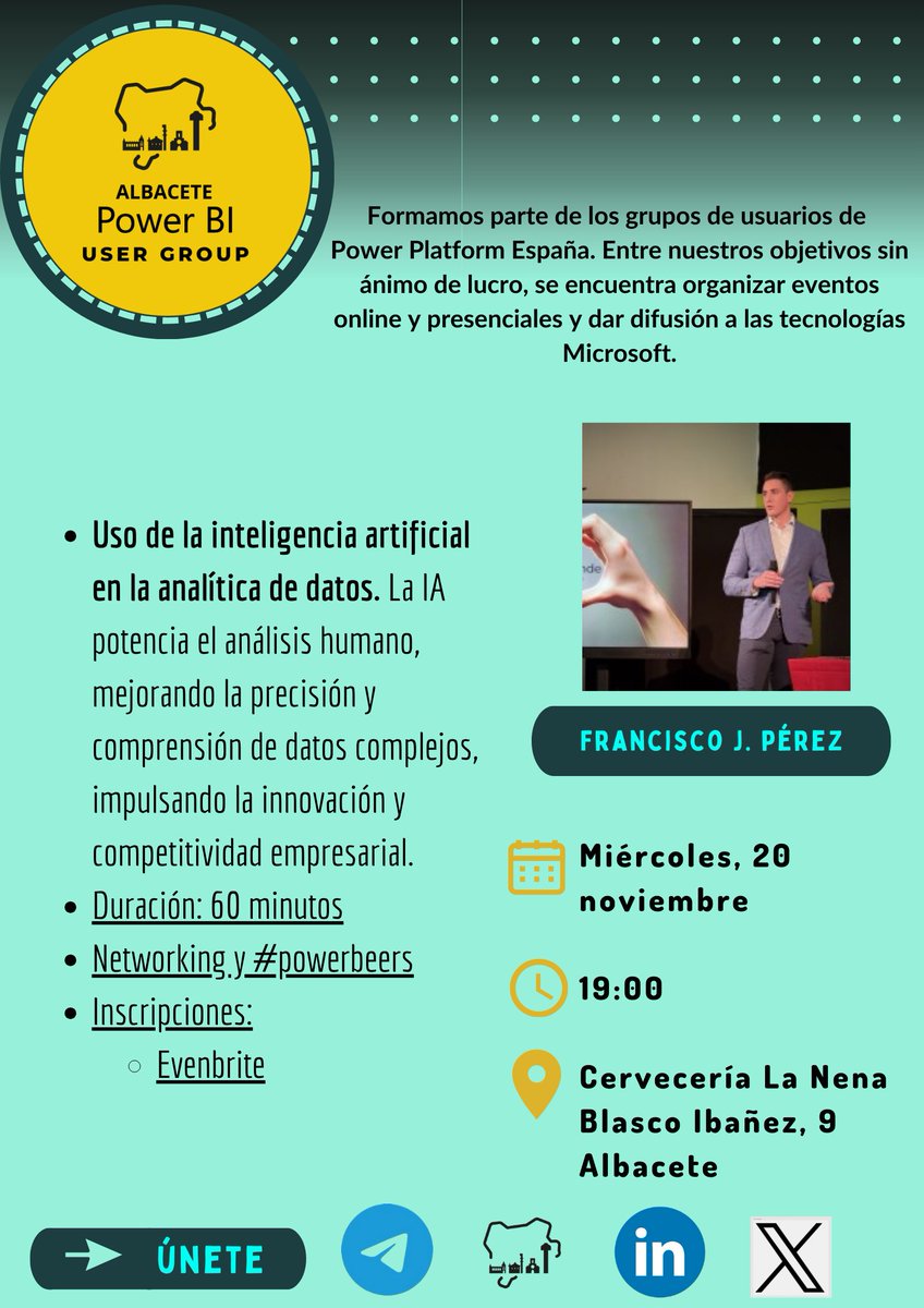 🚀 ¡No te pierdas nuestra próxima sesión🚀

El 20 de noviembre en Cervecería La Nena, exploraremos el "Uso de la Inteligencia Artificial en la Analítica de Datos" 🤖 con <a href="/fcoperezgil/">Francisco Javier Pérez Gil</a>.

📅 19:00 Recepción
🧠 19:30 Sesión
🍻 20:30 PowerBeers &amp; Networking