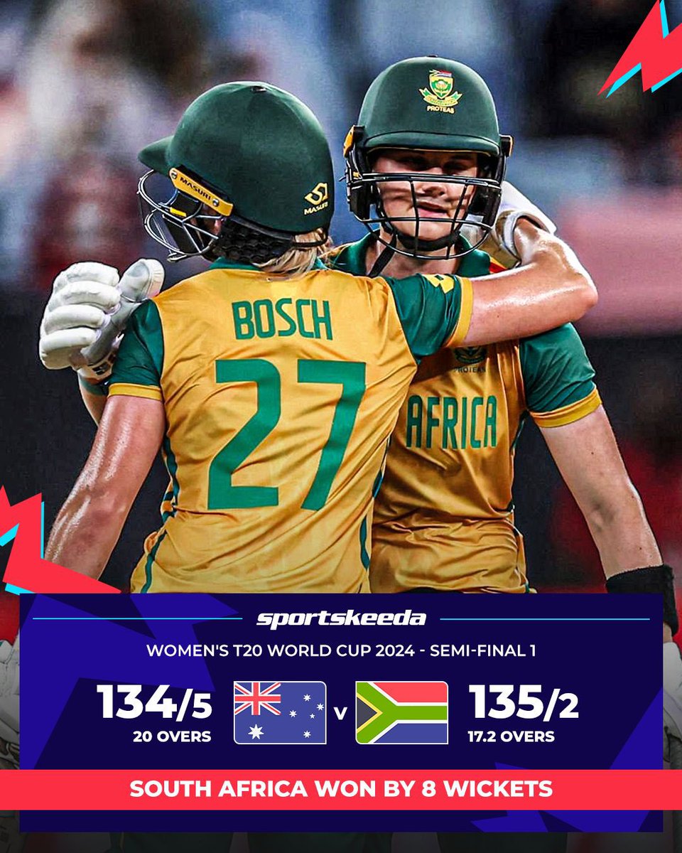 Sportskeeda's tweet photo. Anneke Bosch and Laura Wolvaardt guide South Africa to their second consecutive Women’s T20 World Cup Final 🔥🇿🇦

Is it ‘It’s time for Africa’ this time? 🤩🏆

#CricketTwitter #AUSvSA https://t.co/oY4J5taoD7