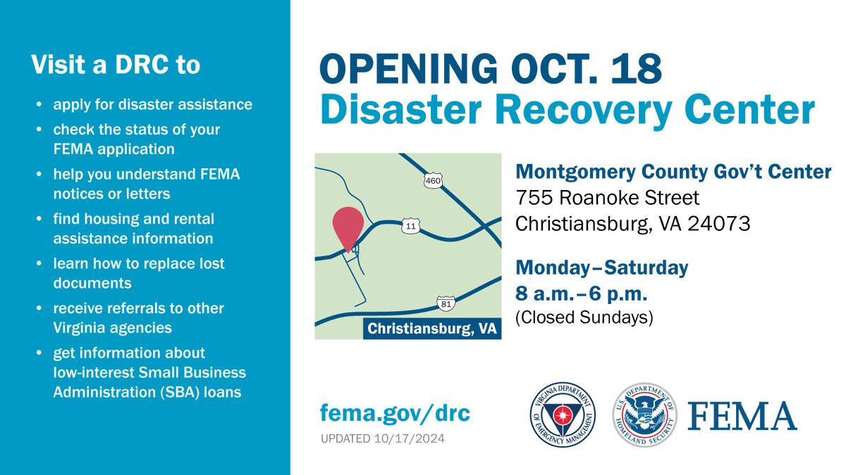 montgomeryva's tweet photo. A @FEMA Disaster Recovery Center (DRC) will open at the County Gov. Ctr. (755 Roanoke St., Cburg) on Friday 10/18/24, 8 a.m. Disaster survivors can visit any DRC to receive assistance. Add'l centers will open in coming weeks throughout southwest Virginia. https://t.co/ied5P5PHko https://t.co/JA11eCGKSz