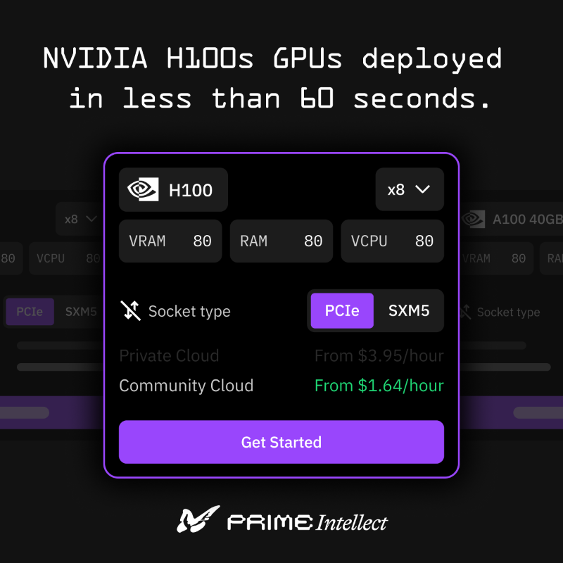 PrimeIntellect's tweet photo. Deploy your H100 cluster in literally one click. Yes, it’s that easy. Pricing from $1.64/hr or less.