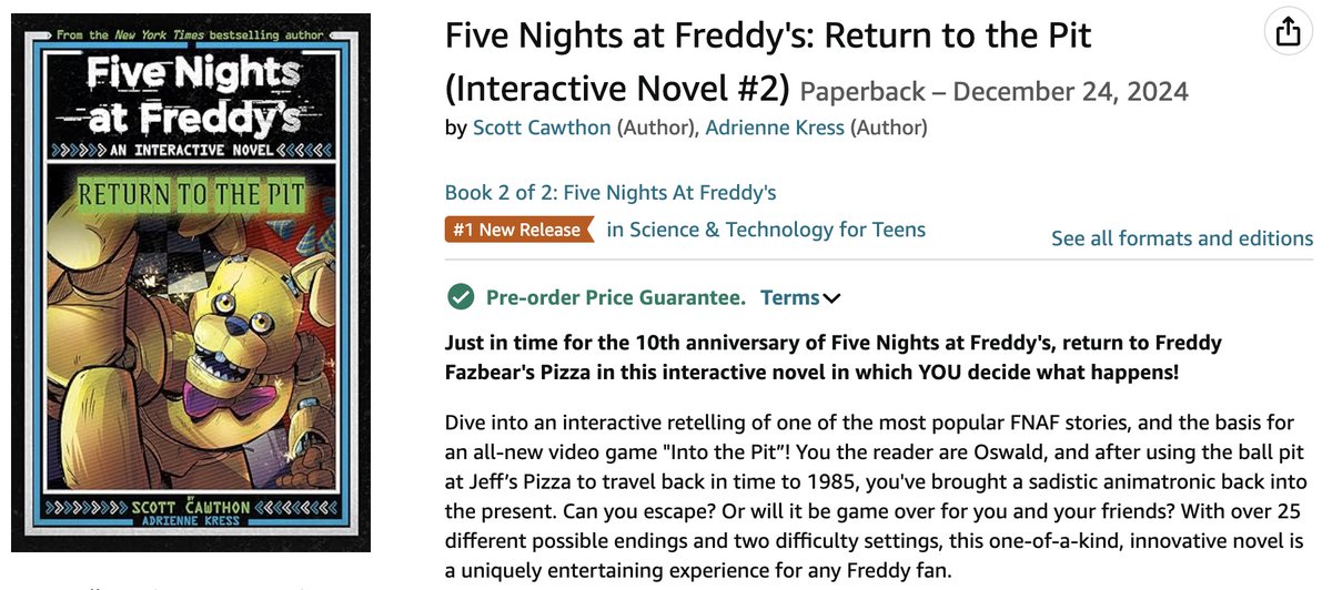 Doing a website update checking all links &amp; saw that RETURN TO THE PIT is a #1 new release in Science and Technology for Teens on Amazon which I think is just all kinds of awesome! Can't believe it comes out in only two months!! I really can't wait to see it in person!❤️

#FNAF