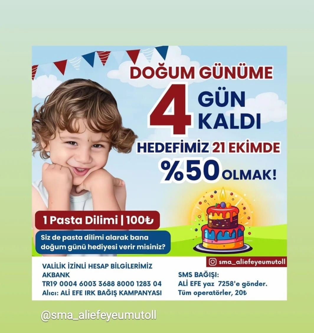 Ali Efe için Valilik onaylı IBAN numaralarına yardımda bulunabilirsiniz. 
Ayrıca;
Tüm Operatörlerden ALİ EFE yazıp,
7258' e yollayarak,
Ali Efe' nin sağlığına kavuşması için 20 TL bağışlayabilirsiniz.
#AliEfeyeUmutOl