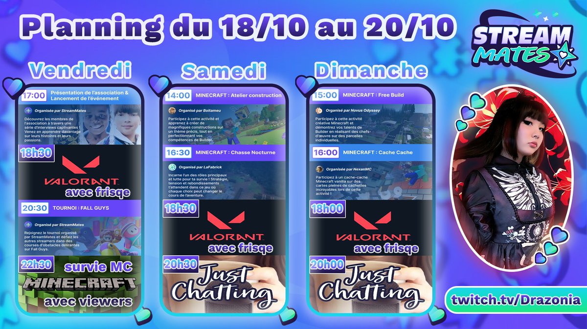 Drazoniaa's tweet photo. Et voici mon planning pour l'évent caritatif qui commence demain ! J'ai trop hâte les amis, on va passer de très bons moments ensemble 😇🌠 @StreamMatesOff #twitchlivestream https://t.co/g6RqtTHsig