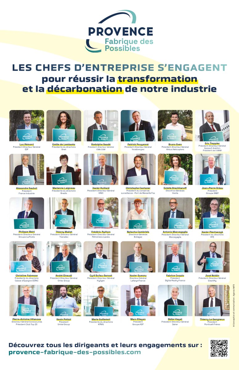 ProvenceFP's tweet photo. 100 #dirigeants au cœur d'une campagne pour décarboner l'industrie en Provence !
Aujourd'hui, @ProvenceFP lance une campagne dans @Le_Figaro, @usinenouvelle, @laprovence, et @lamarsweb.  

Avec 2,5M de lecteurs, ce message fort en faveur de la transformation et de la #décarbonation de l'#industrie en #Provence dans 4 #médias nationaux et régionaux de référence, appelle à des décisions rapides pour concrétiser 31 projets stratégiques, représentant 20Md€ d'investissements et 10K #emplois directs.

4 axes d'action :
1️⃣ Accès à une #énergie bas-carbone.
2️⃣ Poursuite du soutien de l’État pour les infrastructures.
3️⃣ Attirer et former 10K talents.
4️⃣ Créer une gouvernance intégrée.