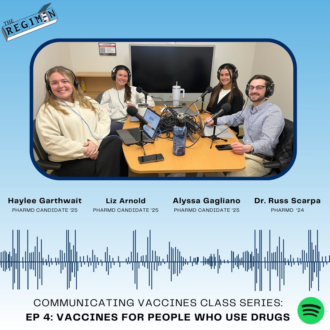 In episode 4 of the Communicating Vaccines class series, URI PharmD students discuss the importance of vaccines for people who use drugs. Hosted by <a href="/Scarpe_Diem/">Russ</a> (Recorded April 22, 2024). Happy Pharmacists Month! #TheRegimen #Pharmacy #URxI Listen here: spotifyanchor-web.app.link/e/ni8S4QtZLNb