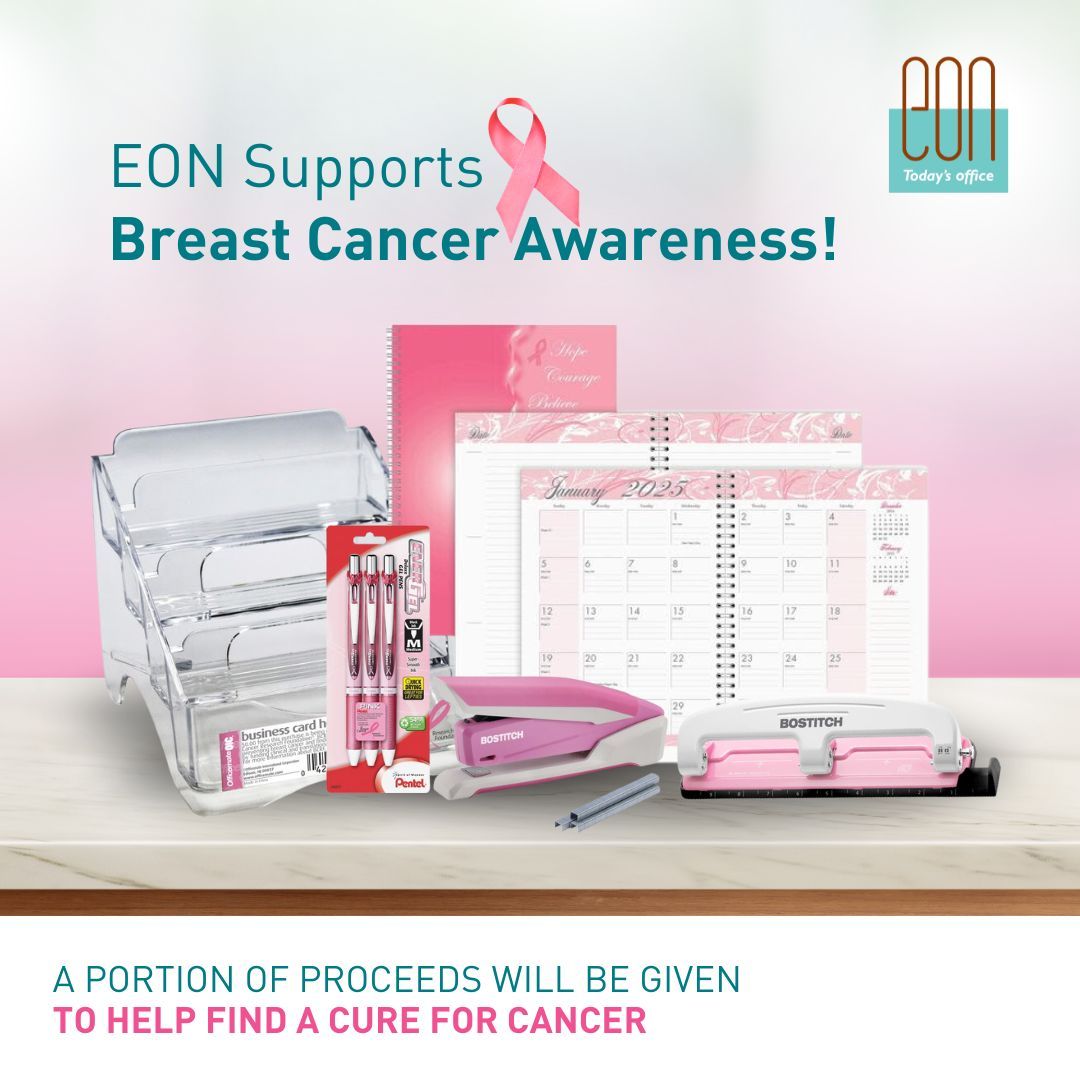 🎀 #EON Stands with #BreastCancerAwareness Month! 🎀 We are proud to support Breast Cancer Awareness by partnering with our suppliers to offer special pink-ribbon office products. 📝✒️ For every purchase, a portion of proceeds will be donated to help find a cure for cancer. 💖