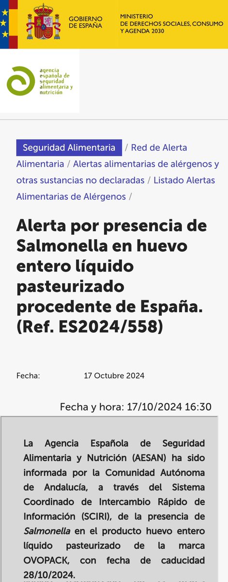 AESAN_gob_es's tweet image. ⚠️ Alerta por presencia de Salmonella en huevo entero líquido pasteurizado.
🚫 No consumir 
▶️ Nombre: huevo entero líquido pasteurizado
▶️ Marca: OVOPACK
▶️ Lote: L11142
📌 t.ly/r_u9O