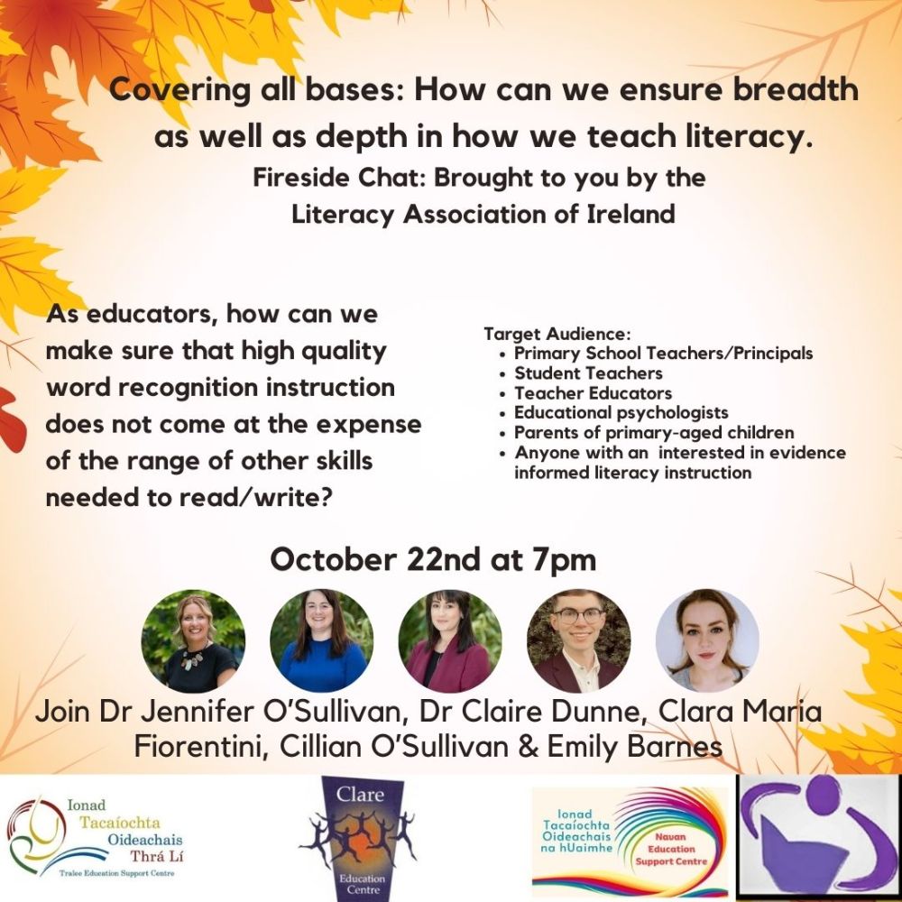 As educators, how can we make sure that high quality word recognition instruction does not come at the expense of the range of other skills needed to read/write?
<a href="/LiteracyIRL/">Literacy Association of Ireland</a> panelists unpack this question 
Join us live -Oct 22nd zoom.us/webinar/regist…
<a href="/ClareEdCentre/">Clare Education Centre</a> <a href="/TraleeESC/">Tralee Education Support Centre</a>
