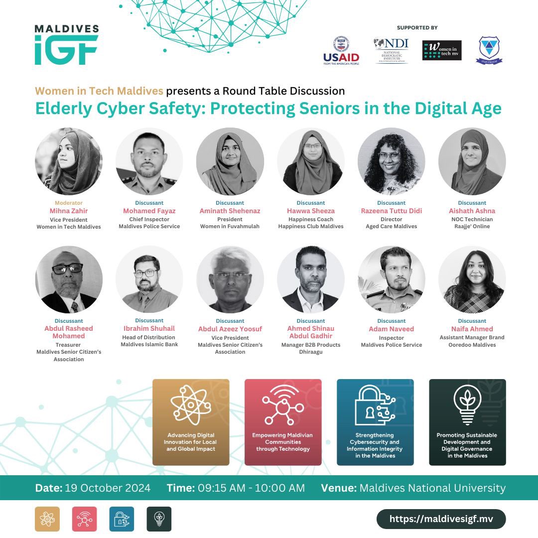 Igfmv's tweet photo. Join these amazing voices at #MVIGF2024 for a vital discussion on protecting seniors from online threats 👵🏼👴🏼🔐

As the digital world expands, seniors face increasing risks of scams and fraud. This session brings together voices from various areas to share strategies on keeping elderly citizens safe online. 

Let’s safeguard our seniors and empower caregivers to navigate the digital space securely 🛡️💻 #CyberSafety #mvigf #DigitalSecurity