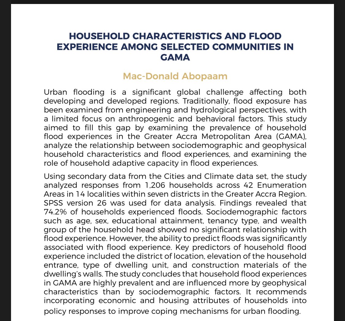 Yesterday I successfully presented my research on *Household Characteristics and Flood experience in GAMA* at the 8th School of Social Science International conference <a href="/UnivofGh/">University of Ghana</a>. A step in my career as a researcher. I appreciate the organizers for the opportunity.