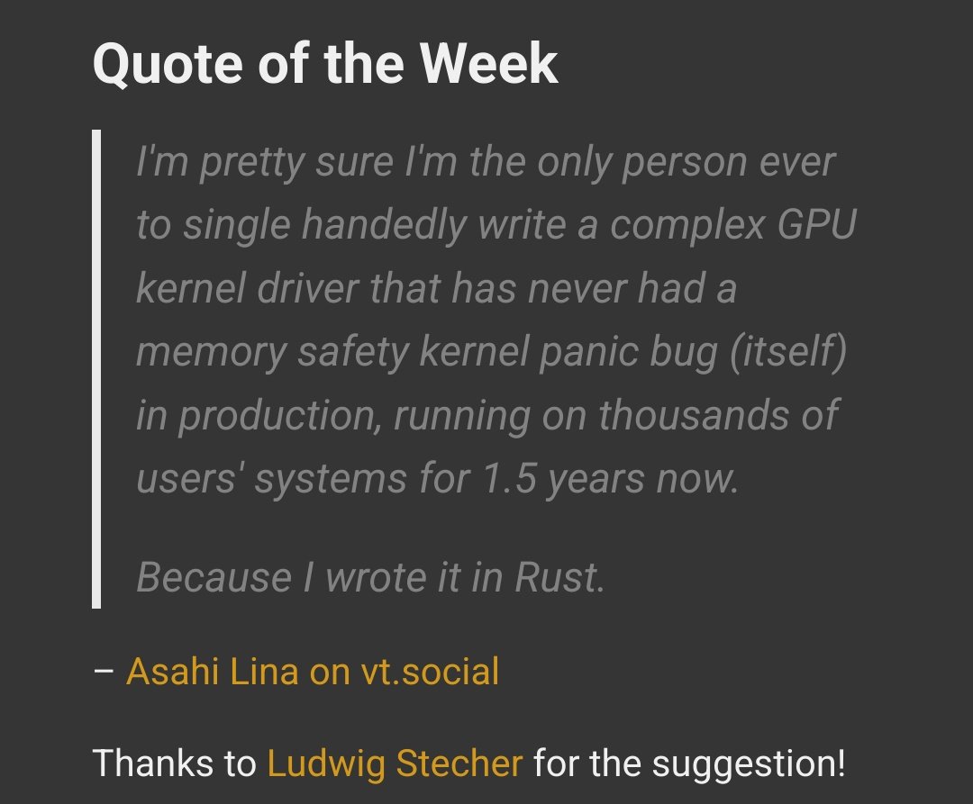 Lina_Hoshino's tweet photo. Cyan told me she's subscribed to This Week In Rust and I just had to search her inbox for my name and show her this wwwww

https://t.co/DMGMPIMYJV https://t.co/ZP6NN9zLKw