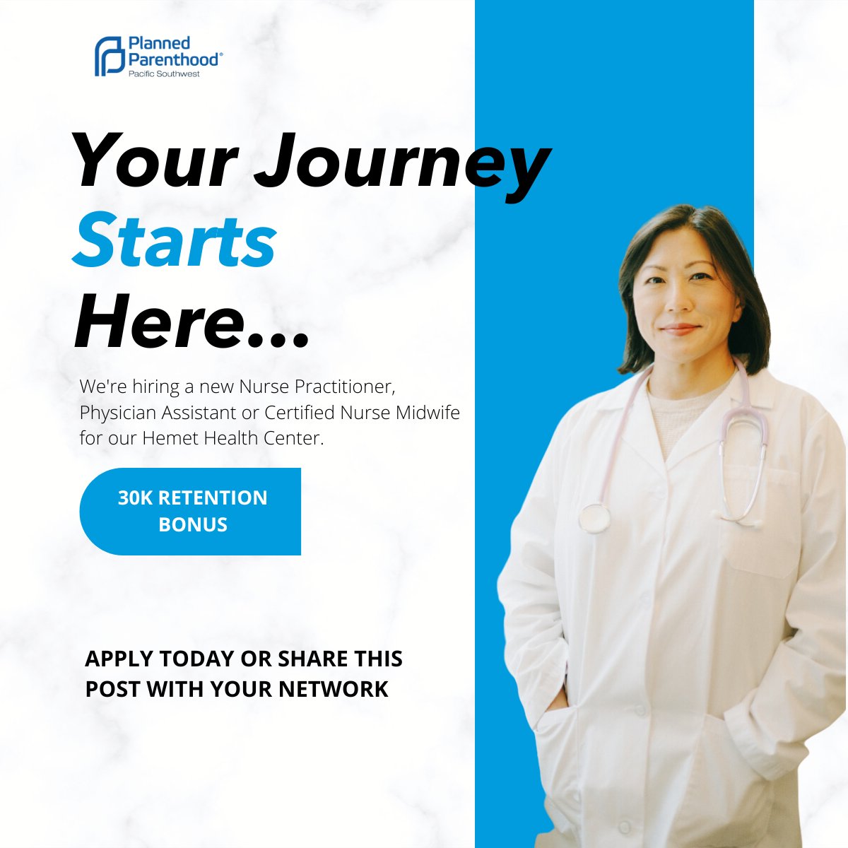 PPPSWCareers's tweet photo. 🚀 Join Our Team at Planned Parenthood! 🚀We’re excited to announce an opening for a Nurse Practitioner, Physician Assistant or Certified Nurse Midwife as a Staff Clinician for our Hemet Health Center! Apply Now: https://t.co/M6rYqi7xuy https://t.co/GRLkdoyXd5