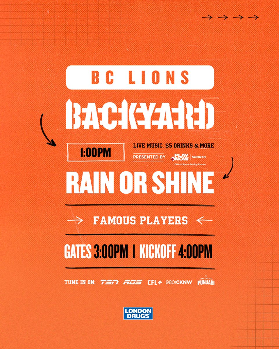 🌟🏈 Game Day Breakdown! 🏈🌟

SATURDAY: The Backyard Party kicks off at 1 PM! Rain or shine, we've got you COVERED! 😎

🍺 $5 bevvies
🎤 LIVE music w/ <a href="/Famous_Players/">FAMOUS PLAYERS BAND</a>!

With the upper level open, it’s going to be LOUD! Let’s show our team some love! 🧡 🎟️ bit.ly/3Yc5KLw