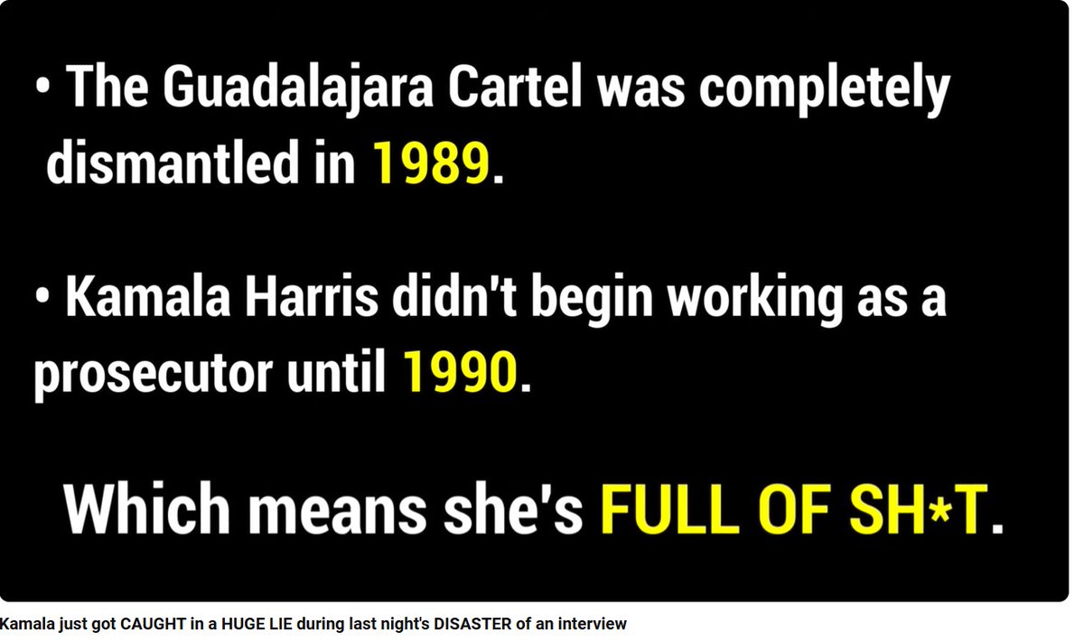 JayEdwa80663367's tweet image. Oh shit!

"I'm the only person running for President that has prosecuted transnational cartels, from the Sinaloa cartel to the Guadalajara cartel" 

#HarrisInterview 
#TrainWreckKamala