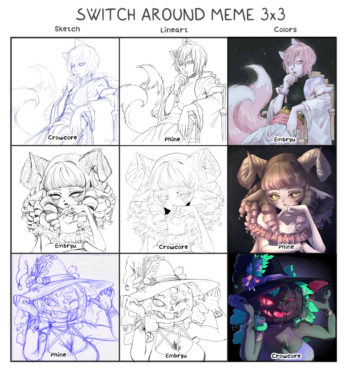 Squeezed in a fun drawing challenge with some friends last weekend! 
I made the pumpkin witch. 🎃🧙‍♀️

Find Crowcore here: crowcore.com/gallery
Find Embryu here: x.com/embryum