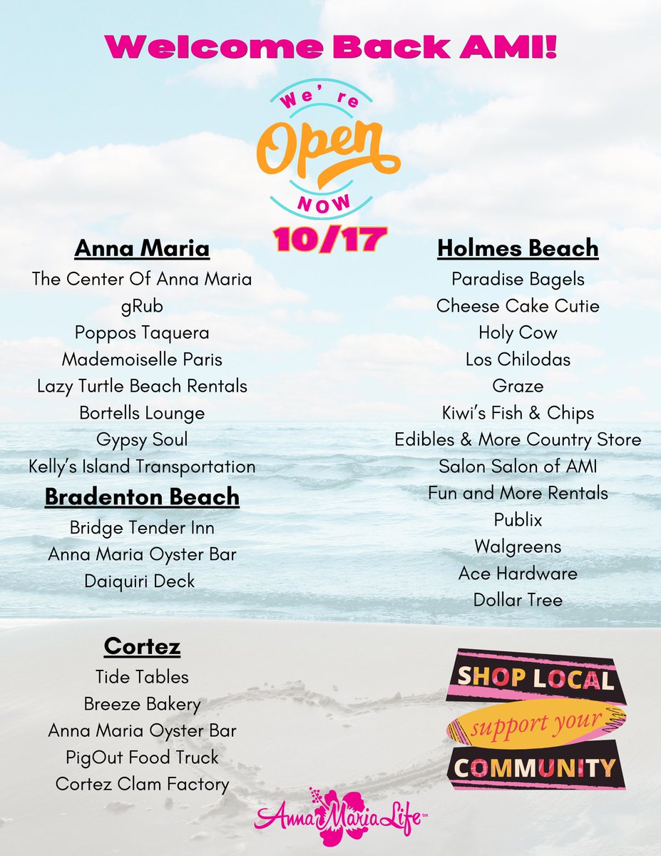 AMILifeRealtor's tweet photo. Anna Maria Island is coming back to life! These local businesses are open and need your support. Not on the Island right now? Many of them offer gift cards and goods online or by phone! #AMIStrong #AnnaMariaIsland #SupportLocal #LocalBusinesses #VisitAMI #AMIFamily #ShopLocal https://t.co/JflPFvgGvb