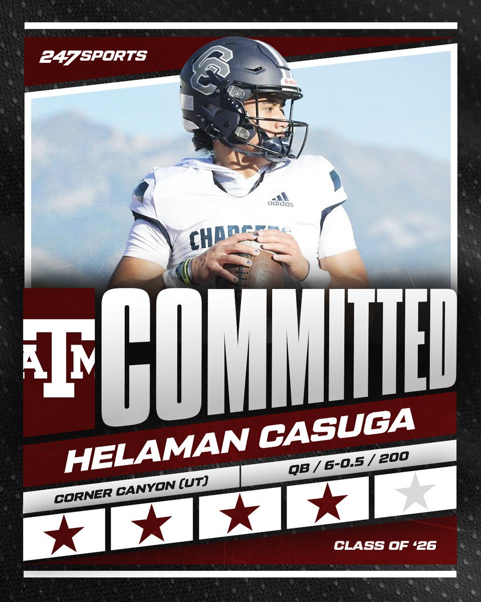 BREAKING: Top247 quarterback Helaman Casuga has revealed his commitment to the Texas A&amp;M Aggies, giving coaches Mike Elko and Collin Klein another huge win out West  247sports.com/article/top247…