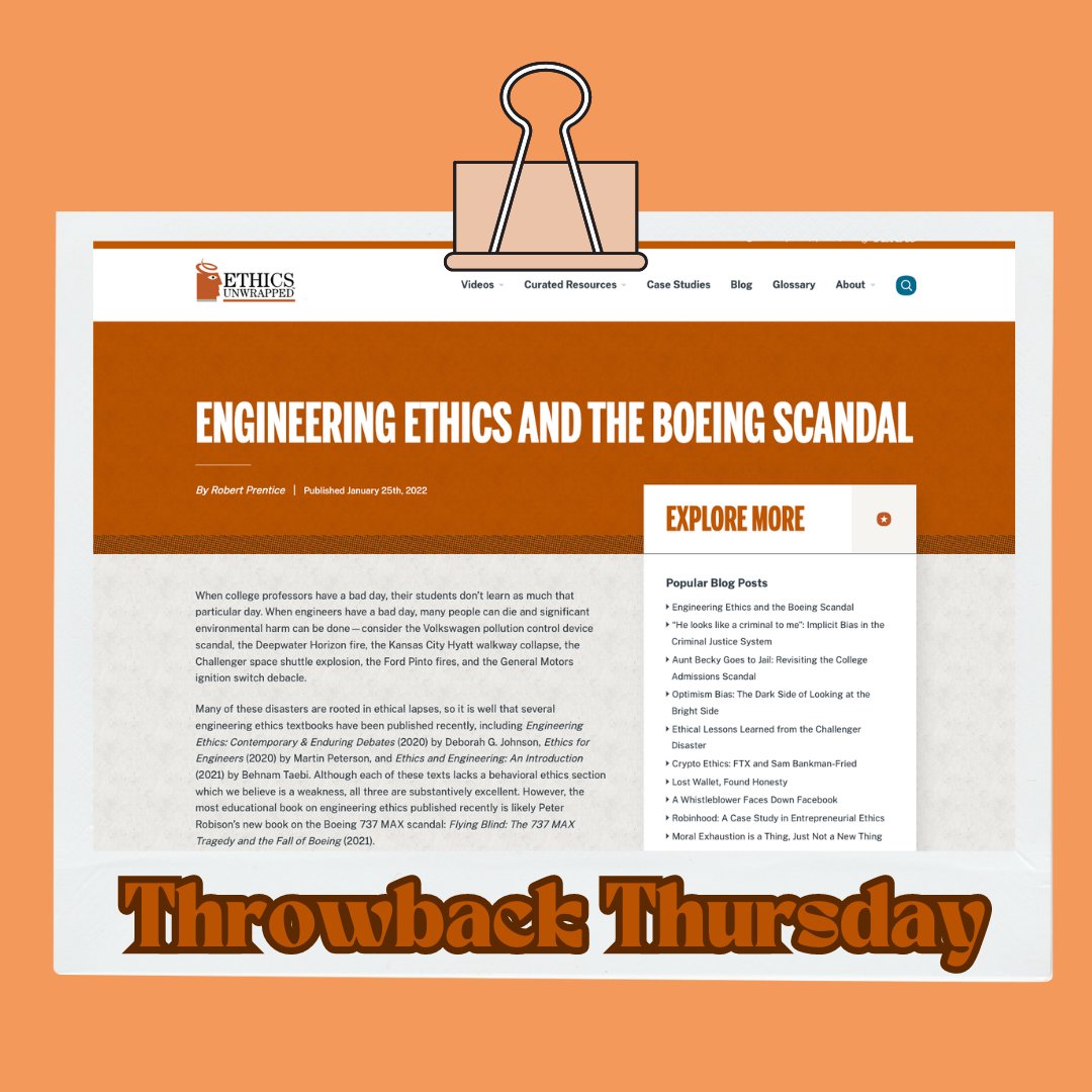EthicsUnwrapped's tweet image. Enjoy a blast from the past by reading one of our most popular blogs, “Engineering Ethics and the Boeing Scandal”, and learn about the dangers of ethical lapses in engineering!
#EthicsUnwrapped #EngineeringEthics #ThrowbackThursday
ow.ly/TNcV50TLbfu