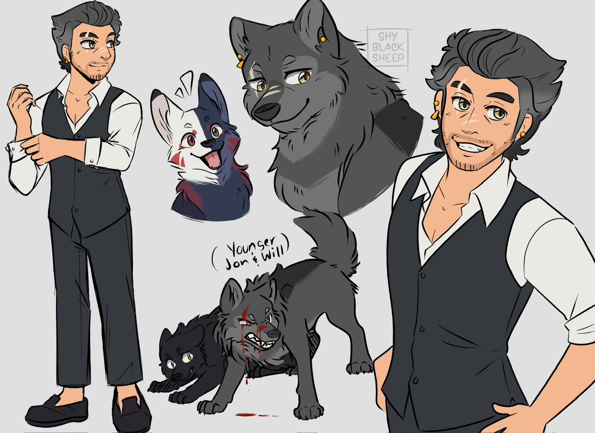 Jonathan! 🐺
And because I won’t feel right not mentioning it, the human Jon on the right was highly ref’d on the pose. I drew the one on the left myself &amp; hate how it came out, LOL. 🥲 But, going to keep trying to improve my adult human art! >3
- - -
⛩️: toyhou.se/shyblacksheep/…