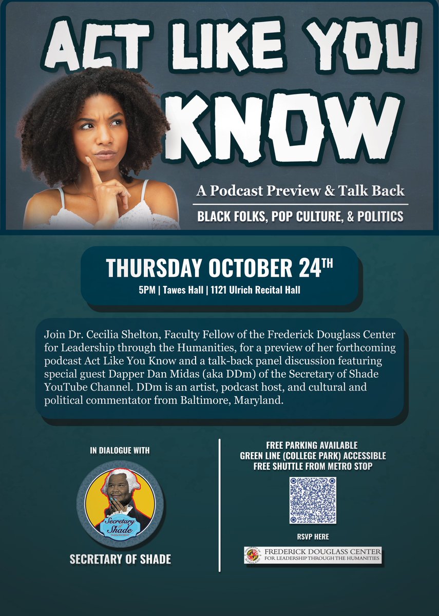 UMD English (@umdenglish) on Twitter photo Join Assistant Professor Cecilia Shelton on October 24 at 5 pm in Ulrich Recital Hall to preview her podcast, "Act Like You Know," and spark a dialogue about expertise, ethos and the ways that language ideologies shape who we listen to. RSVP: docs.google.com/forms/d/e/1FAI… Join Assistant Professor Cecilia Shelton on October 24 at 5 pm in Ulrich Recital Hall to preview her podcast, "Act Like You Know," and spark a dialogue about expertise, ethos and the ways that language ideologies shape who we listen to. RSVP: docs.google.com/forms/d/e/1FAI…
