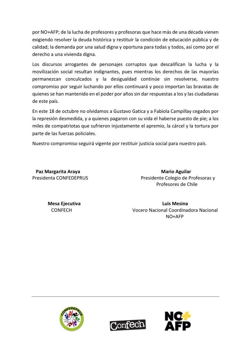 Coordinadora No+AFP (@cnt_nomasafp) on Twitter photo Aquí Declaración pública suscrita por la <a href="/confedeprus/">@confedeprus</a> , la <a href="/Confech/">CONFECH</a>, el presidente del <a href="/ColegioProfes/">Colegio de Profesoras y Profesores de Chile</a> de Chile, <a href="/AguilarMario/">Profesor Mario Aguilar Arévalo</a> y la Coordinadora Nacional de Trabajadoras y Trabajadores NO+AFP, respecto del aniversario número cinco del estallido social y la vigencia de las Aquí Declaración pública suscrita por la <a href="/confedeprus/">@confedeprus</a> , la <a href="/Confech/">CONFECH</a>, el presidente del <a href="/ColegioProfes/">Colegio de Profesoras y Profesores de Chile</a> de Chile, <a href="/AguilarMario/">Profesor Mario Aguilar Arévalo</a> y la Coordinadora Nacional de Trabajadoras y Trabajadores NO+AFP, respecto del aniversario número cinco del estallido social y la vigencia de las