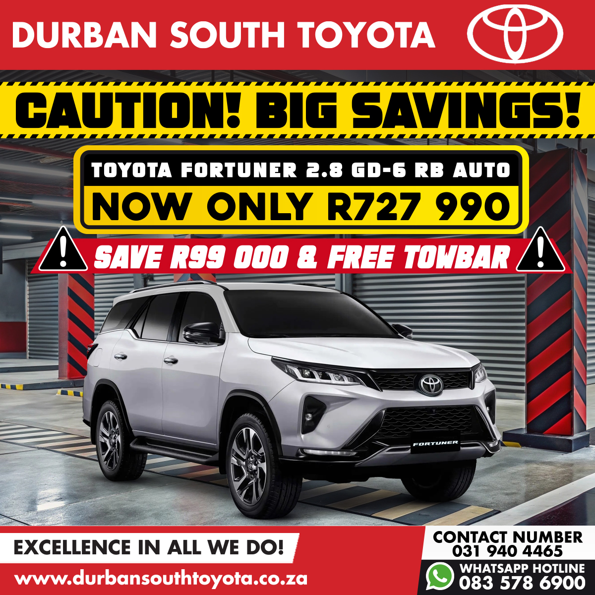 dstoyota's tweet photo. Get BIG SAVINGS this October! Save R99 000 PLUS get a free towbar when you purchase a new Toyota Fortuner 2.8 GD-6 RB Auto. Now for only R727 990. Exclusive to Durban South Toyota - visit our showroom for a test drive.

#BigSavings #ToyotaFortuner #DurbanSouthToyota #ToyotaSA https://t.co/MvC0ScTTG8