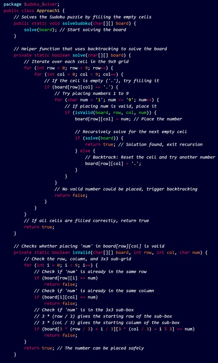 45NitinVerma's tweet image. Just solved the @LeetCode Sudoku Solver using a backtracking approach! 🧩🚀
@striver_79
Time: O(9^n),
Space: O(n*n).
Great problem for practicing recursion and backtracking! 💻
#LeetCode #SudokuSolver #Backtracking #Java #CodingJourney #DSA