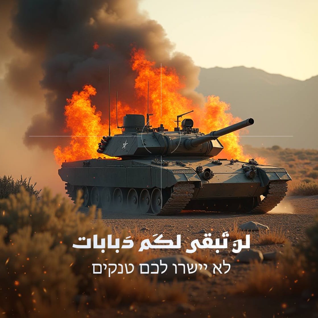 انطلاقًا من كلمة السيد الشهيد حسن نصرالله: "إذا جاءت دباباتكم إلى لبنان وجنوبه، لن تعانوا نقصًا في الدبابات؛ لأنه لن تبقى لكم دبابات"، مؤكدًا أن "جبهتنا في لبنان لن تتوقف ما دام العدوان مستمرًا على غزة وأهلها ومقاومتها بأشكاله المختلفة". 
#لن_تبقى_لكم_دبابات