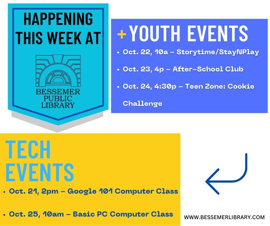 Bessemerlibrary's tweet image. Coming up this week at the Bessemer Public Library! Hope to see you here!
#besslibrary #computerclasses #TeenZone #storytime #playgroup #afterschoolclub #cookies #nailedit