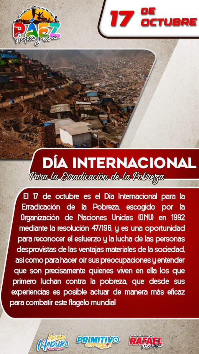 #17OCT Día Internacional para la Erradicación de la Pobreza, escogido por la Organización de Naciones Unidas (ONU) en 1992 mediante la resolución 47/196, una oportunidad para reconocer el esfuerzo y la lucha de las personas desprovistas de las ventajas materiales de la sociedad.