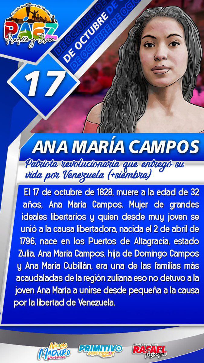 #17OCT En 1828, muere a la edad de 32 años, Ana María Campos. Mujer de grandes ideales libertarios y quien desde muy joven se unió a la causa libertadora.