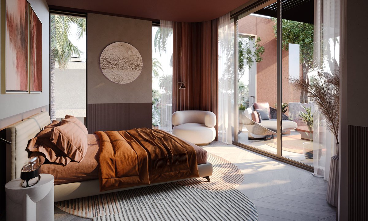 SHHArchitects's tweet photo. CGI visualisations of the bedroom suites in the Mediterranean villas highlight the palette of warm, earthy hues and the connection between internal and external. This project was part of a commission for the development of four bedroom and five bedroom villas in the UAE. https://t.co/lEQTgg5c1C