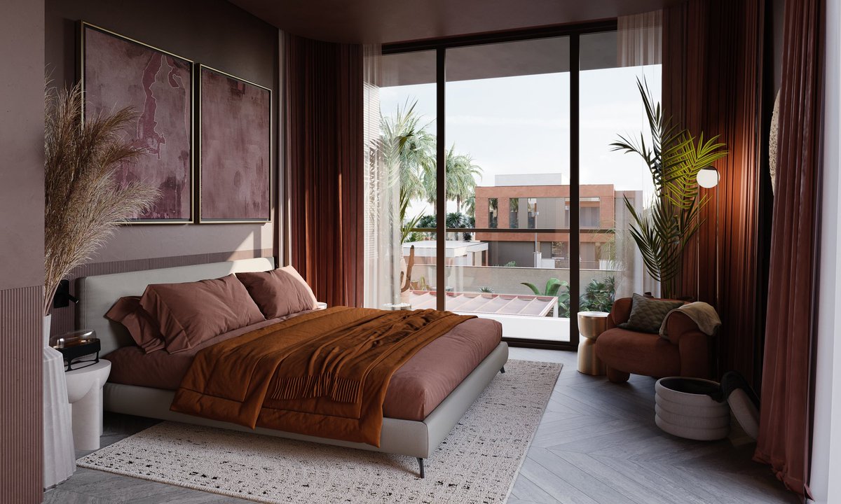 CGI visualisations of the bedroom suites in the Mediterranean villas highlight the palette of warm, earthy hues and the connection between internal and external. This project was part of a commission for the development of four bedroom and five bedroom villas in the UAE.