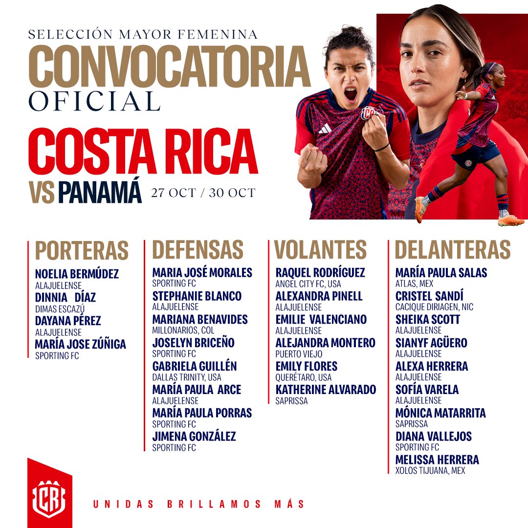 📝 Estas son las convocadas del Profesor Beni Rubido para los fogueos del 27 y 30 de octubre de la Sele Femenina ante Panamá. 

Recordá que podés acompañar a la Sele en el Estadio Alejandro Morera Soto el Domingo 27 de Octubre a las 2 pm. 🏟️ 

🎟️ La entrada es totalmente GRATUITA