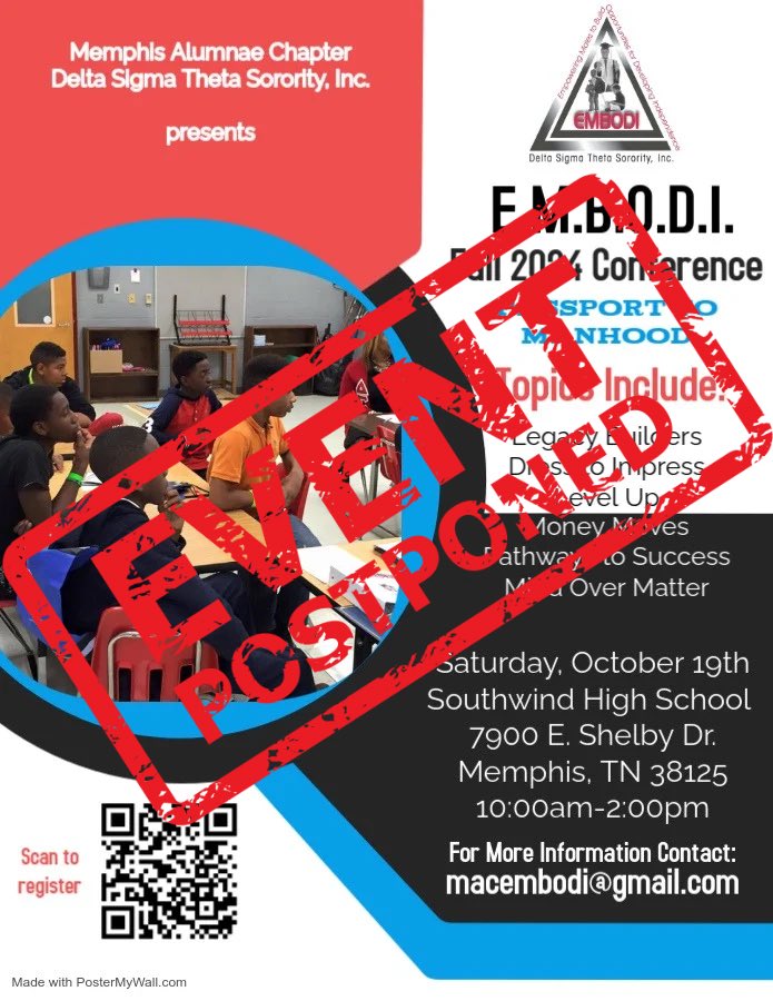 MemphisDST's tweet photo. Due to unforeseen circumstances, we must postpone the  Fall 2024 E.M.B.O.D.I. conference scheduled for Saturday, October 19, 2024. We sincerely apologize for any inconvenience this may cause. https://t.co/KYNKqAU3wO