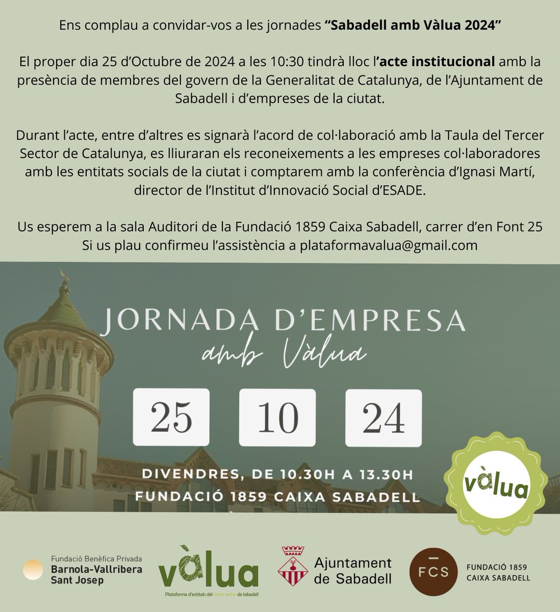 PlataformaValua's tweet photo. 📢 #SBDambVàlua2024 ‼️
📝Anoteu aquestes dates👇

📅 Divendres 25 Oct 
🕥 A les 10:30
▶️ Fundació 1859 Caixa Sabadell 
📌 Jornada d'empreses amb Vàlua

📅 Dissabte 26 Oct
🕙 De les 10:00 fins a les 14:00
▶️ Jardins Fundació 1859 Caixa Sabadell 
📌 Mostra d'entitats ‼️ https://t.co/UFM2dk7M5z
