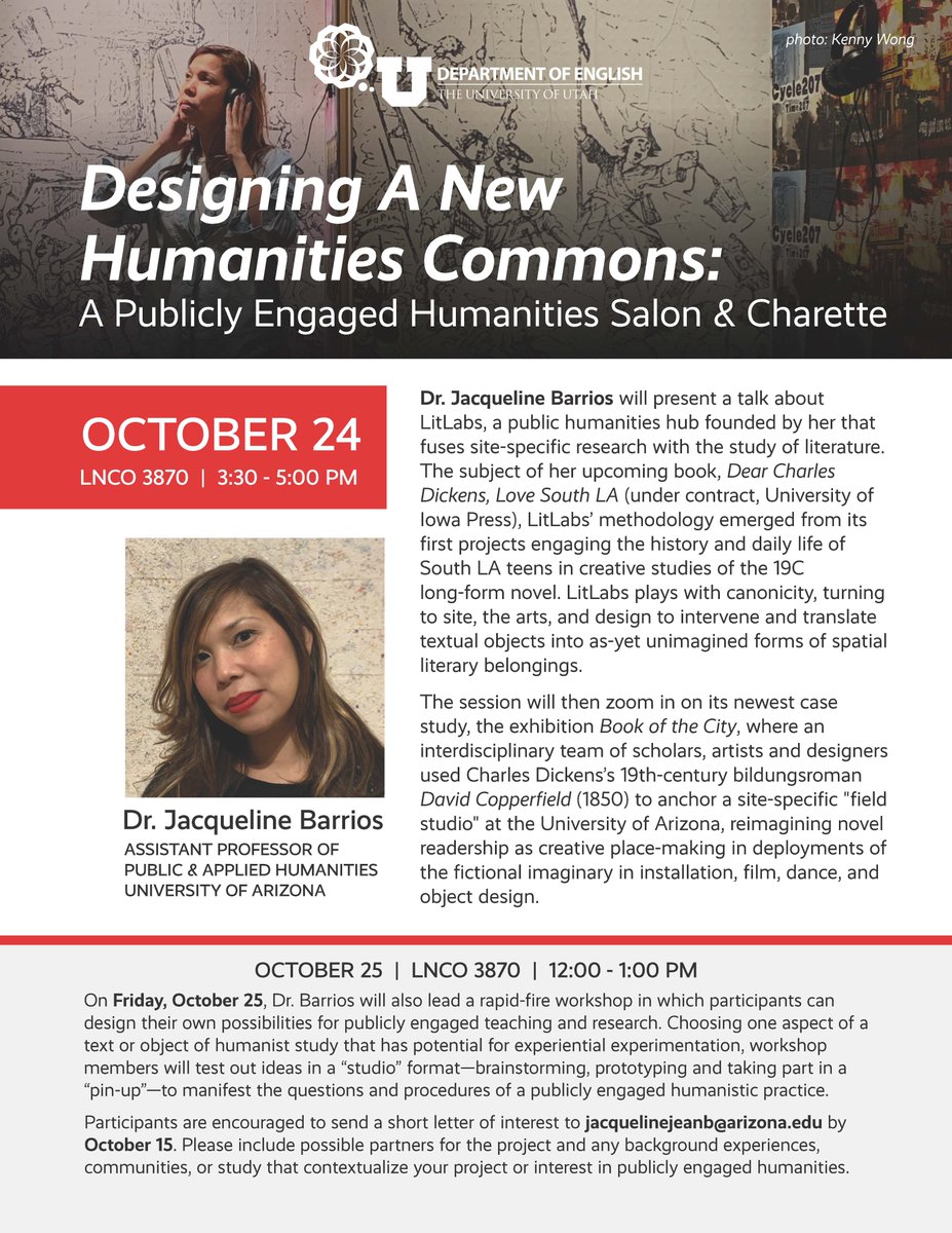 Come hear Dr. Jacqueline Barrios talk about Designing A New Humanities Commons on Oct. 24 3:30-5:00 PM in LNCO 3870.
She'll also give a workshop on creating public spaces for the humanities on Oct. 25 12:00-1:00PM in LNCO 3870.
