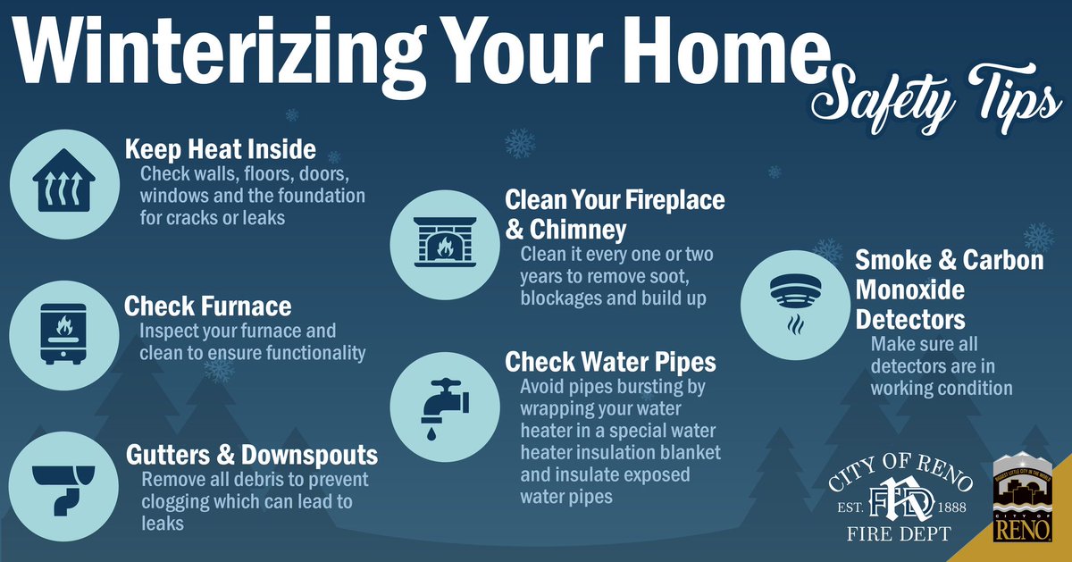 RenoFireDept's tweet photo. The @NWSReno is forecasting freezing temperatures overnight. Winterize your home ahead of the upcoming cold weather with these helpful tips. https://t.co/2XleWumVWU