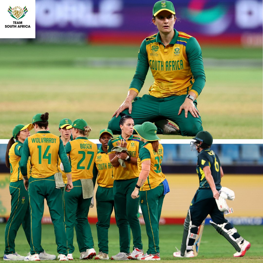 OfficialTeamRSA's tweet photo. CONGRATULATIONS to the Proteas Women – through to the FINAL! 🏆⚡️🏏🇿🇦  

What a brilliant performance, taking down Australia by 8 wickets in the #T20WorldCup semi-final!  

#TeamSA #ForMyCountry https://t.co/6YsS5o5spz