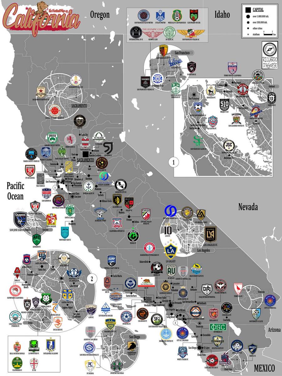 🇺🇸 Mappa della città della California realizzata da me 🇺🇸

The California Football Federation aims to create its own league and in the meantime on the map I show all the Californian teams belonging to the first levels of MLS, USL, USL 1, USL 2, NISA, NPSL, UPSL and USASA.