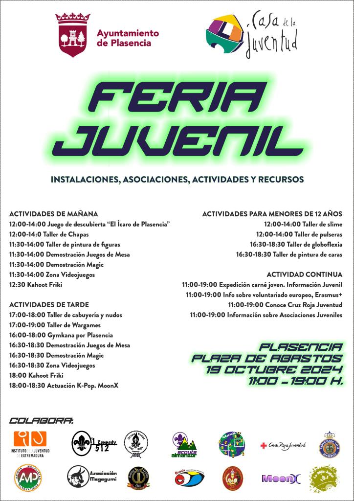Este sábado 1️⃣9️⃣ participamos en la Feria Juvenil organizada por <a href="/Ayto_Plasencia/">Ayto. de Plasencia</a> 

Desde la Factoría Joven contaremos con un stand informativo juvenil y colaboramos realizando un taller de chapas.

Os esperamos en la Plaza de Abastos de 1️⃣1️⃣ a 1️⃣9️⃣ horas.