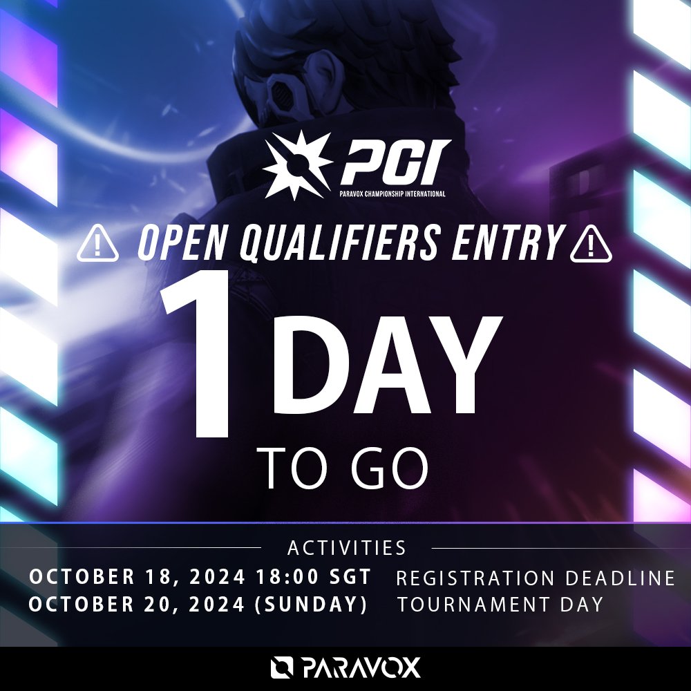 PARAVOX_game's tweet photo. PCI Open Qualifiers - SEA ⚡

⏳ SEA Open Qualifier Registration ends tomorrow, Voxers!

Register before the deadline to compete on Tournament Day (Oct. 20th):
🔗 https://t.co/GXTk7tpUS4

$20,000 Prize Pool on the table...do you have what it takes to win? 🏆 https://t.co/MOkcw2Eh4p