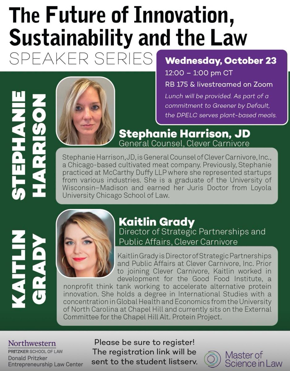 Clever Carnivore π₯©π¬π β¨ (@clevercarnivore) on Twitter photo Our General Counsel Stephanie Harrison and Director of Strategic Partnerships Kaitlin Grady are looking forward to speaking at <a href="/NorthwesternLaw/">Northwestern Law</a> as part of βThe Future of Innovation, #Sustainability, and the Lawβ Speaker Series on 10/23. π± π π Our General Counsel Stephanie Harrison and Director of Strategic Partnerships Kaitlin Grady are looking forward to speaking at <a href="/NorthwesternLaw/">Northwestern Law</a> as part of βThe Future of Innovation, #Sustainability, and the Lawβ Speaker Series on 10/23. π± π π